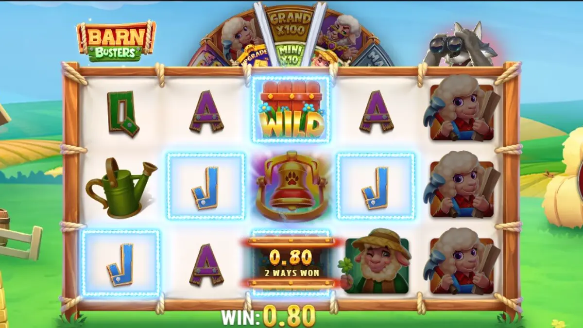Visual rústico e vibrante da interface do jogo de slot Barn Busters com o lobo e o celeiro ao fundo.