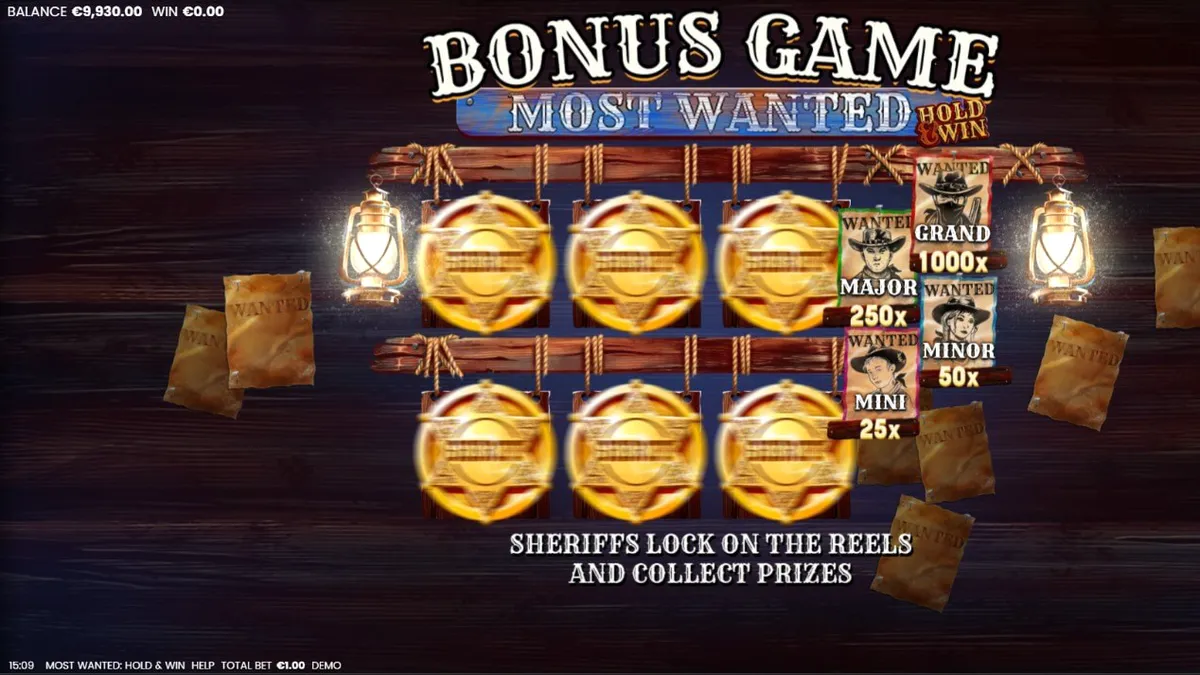 Interface do jogo de slot Most Wanted: Hold & Win com temática de faroeste