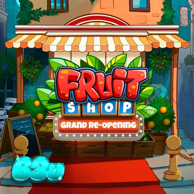 Interface vibrante do slot Fruit Shop Grand Re-Opening com símbolos de frutas clássicos